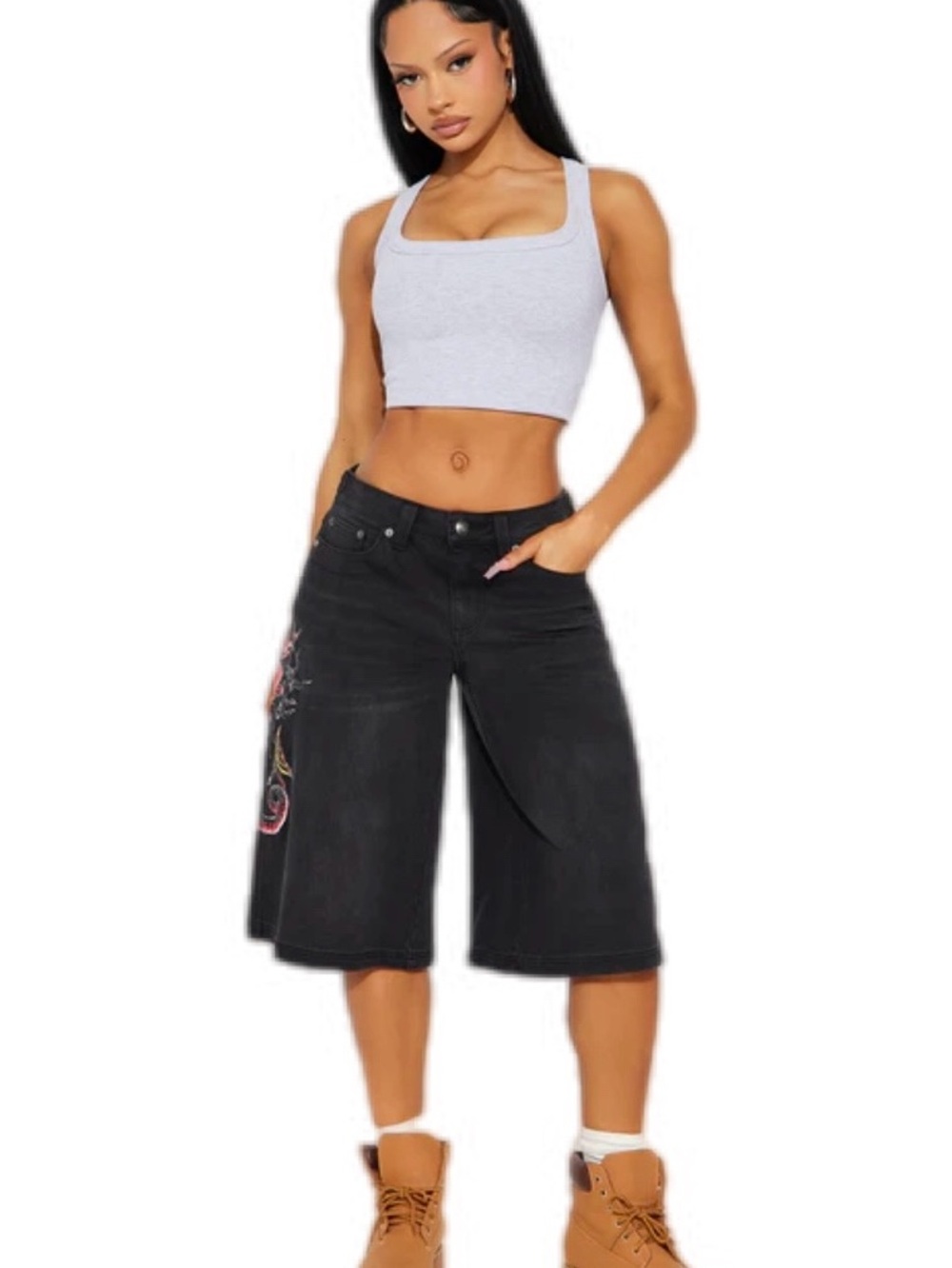 Ed Hardy Black Jean Shorts with Side Embroidery